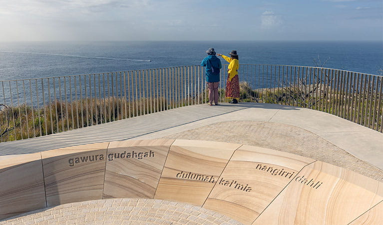 2 visitors looking out over the ocean from one of the lookouts along Fairfax walk, Sydney Harbour National Park. Photo: Peter Taseki &copy; DPE