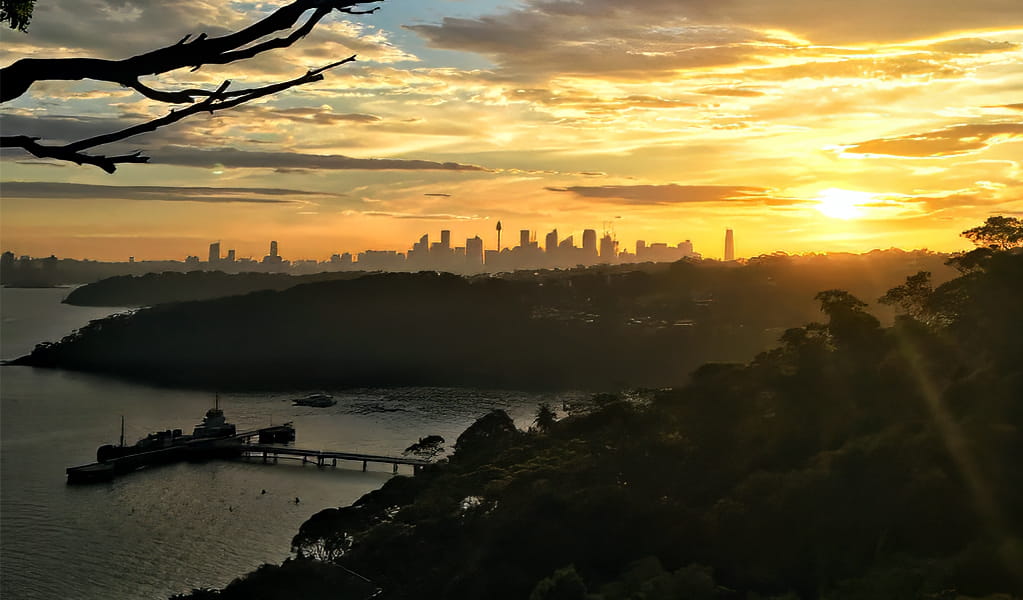 Sunset over the Sydney skyline from Georges Head, Sydney Harbour National Park. Photo: Kaushik Jayaraman, &copy; DCCEEW