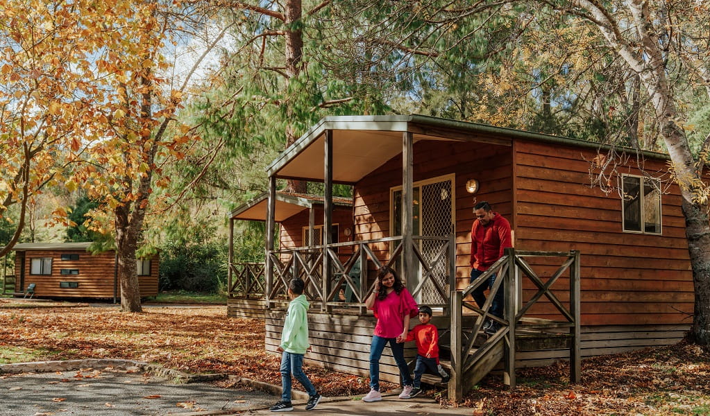 A family group set out for a day of exploring from their accommodation at Wombeyan Caves cabins. Credit: Remy Brand/DPE &copy; Remy Brand