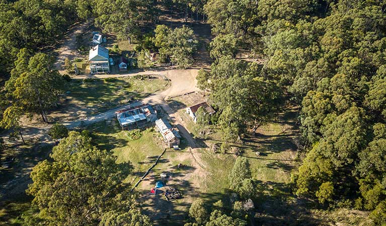 Arial view of the campground and accommodation at Yerranderie Private Town in Yerranderie Regional Park. Photo: John Spencer/OEH