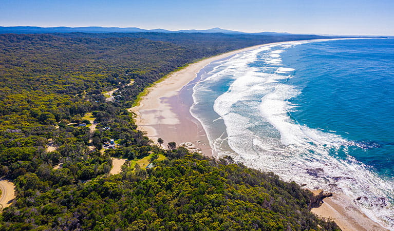 Aerial view of Illaroo campground and group camping area in Yuraygir National Park. Photo: Jessica Robertson &copy; DPIE
