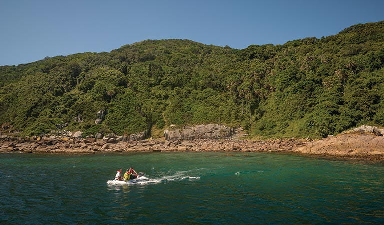 People visiting John Gould Nature Reserve by boat. Photo: John Spencer/DPIE