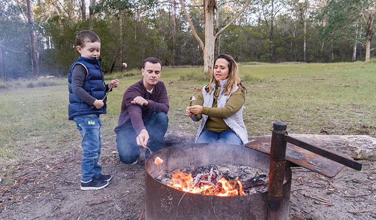 Family toasting marshmallows in a designated fire pit at Euroka campground. Photo: Simone Cottrell/DPIE