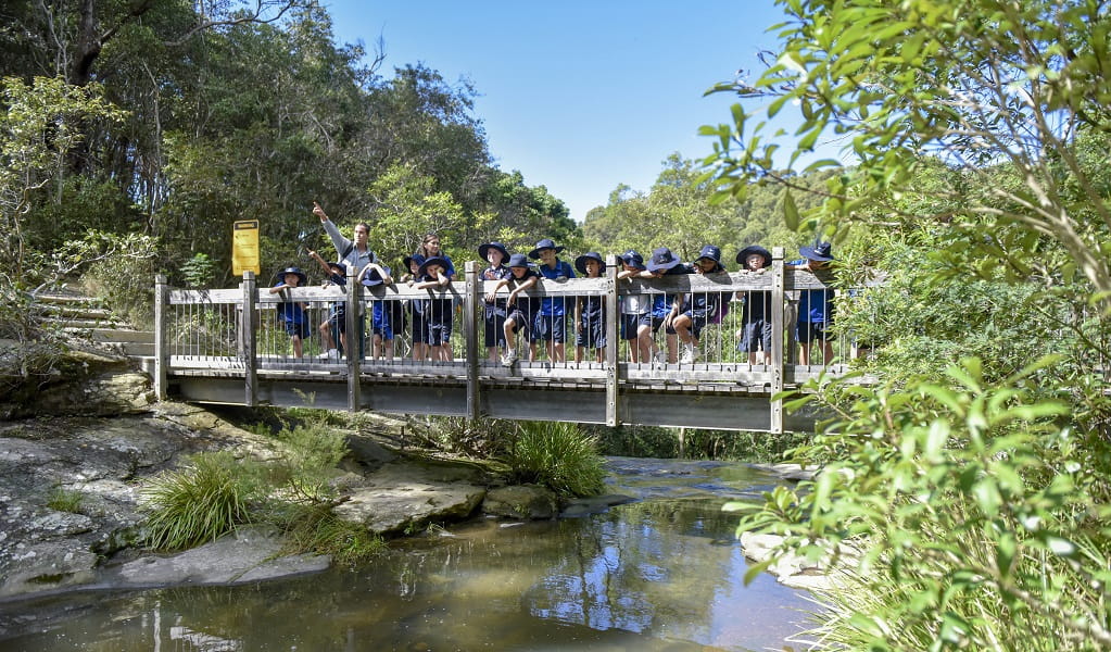 Primary students with an NPWS guide on a bridge, looking at the view and the water below, Glenrock State Conservation Area. Photo: Adam Hollingworth &copy; DPE
