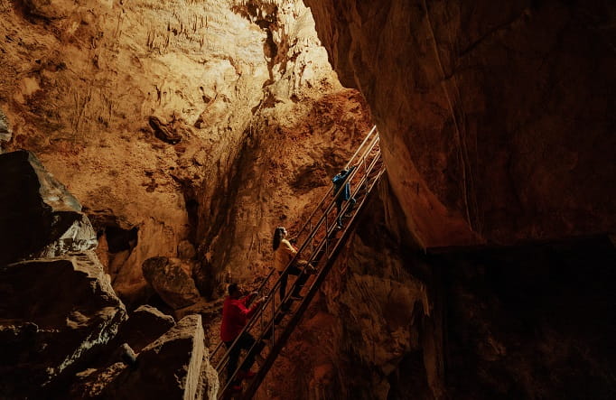 Visitors climbing a staircase in Wollondilly Cave. Credit: Remy Brand/DPE &copy; Remy Brand
