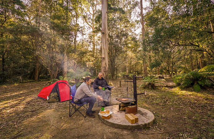 Two men cook sausages on a firering beside a tent, at Thungutti campground in New England National Park. Photo: John Spencer/OEH