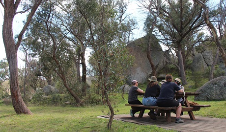 A group of people sitting at a picnic table in Bulagaranda (Mount Yarrowyck) Aboriginal Area that is jointly managed by NPWS and the Bulagaranda Board of Management. &copy; Jessica Stokes/DCCEEW
