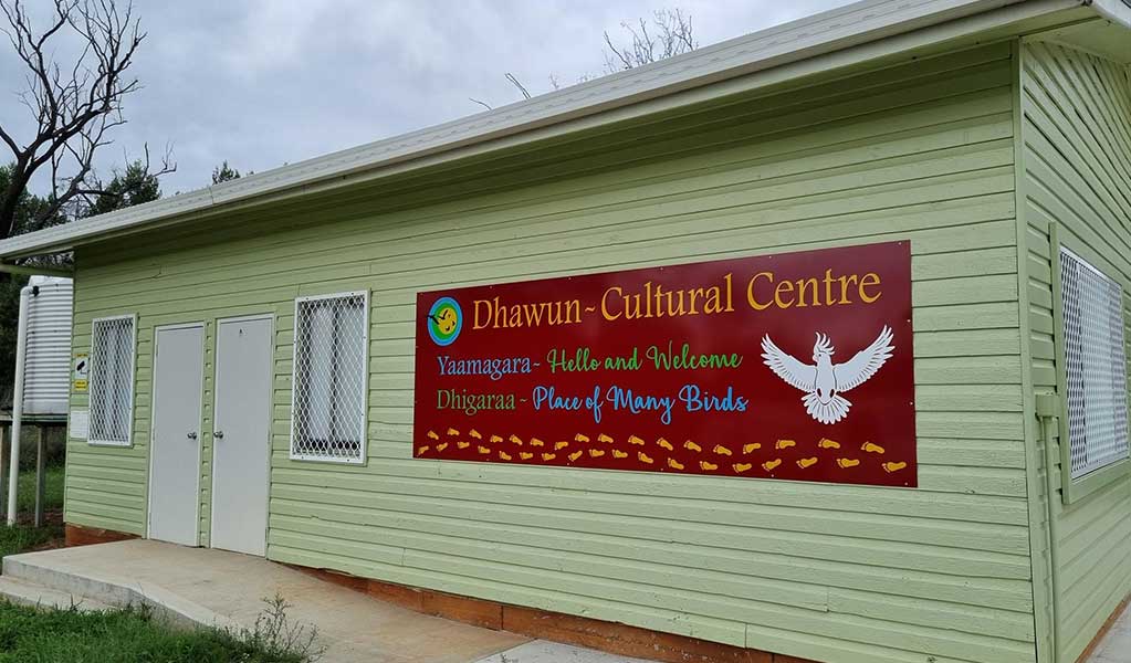 A green building with a sign that read 'Dhawun Cultural Centre' in Terry Hie Hie Aboriginal Area. Credit: DCCEEW &copy; DCCEEW