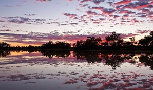 A pink and purple sunset sky reflected in a river in Toorale National Park, jointly managed by NPWS and the Kurnu-Baakandji Joint Management Committee. Credit: Michael Van Ewij &copy; DCCEEW
