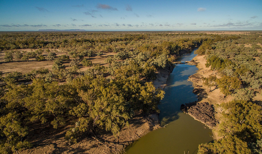 An aerial photo of Darling River and Darling River campground in Toorale National Park. Credit: Joshua Smith &copy; DCCEEW