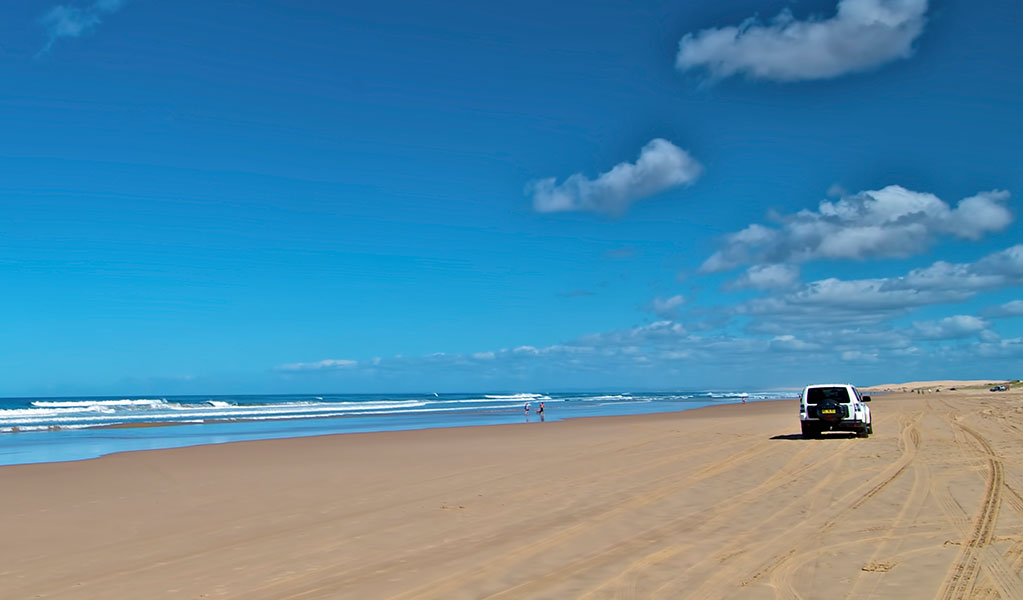 A 4-wheel-drive driving on the beach at Worimi Conservation Lands, the traditional lands of the Worimi People. Credit: John Spencer &copy; DCCEEW