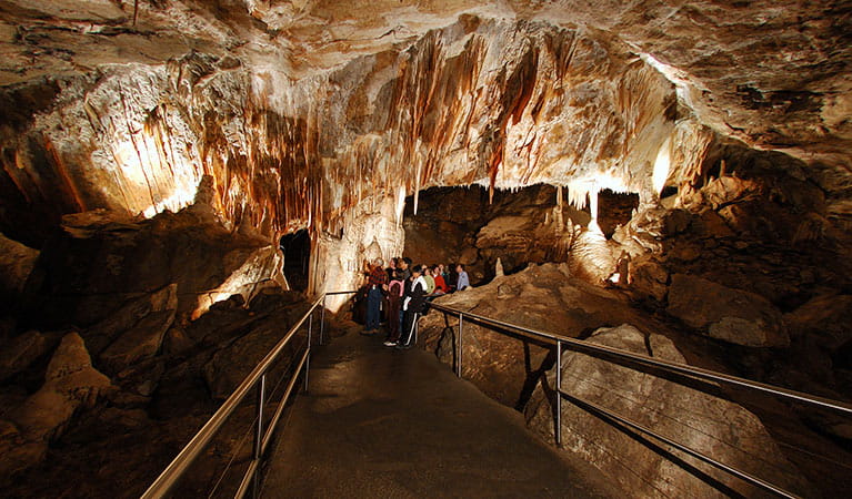 Visitors inside Jenolan Caves, Jenolan Karst Conservation Reserve. Photo: J Lim