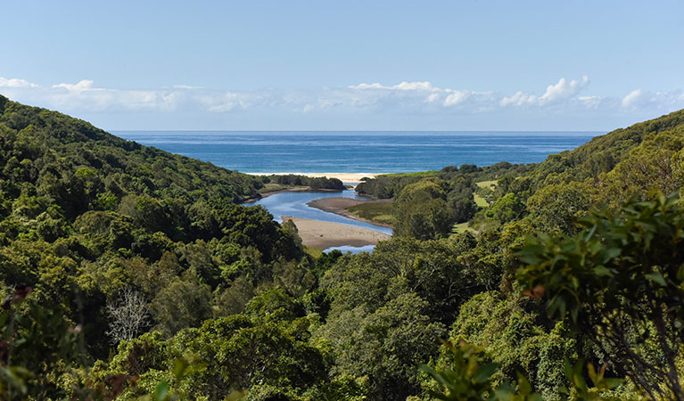 The view of forested hills and a river heading out to see in Glenrock State Conservation Area. Photo: Adam Hollingworth &copy; DPIE