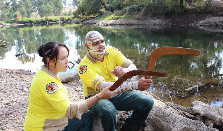Aboriginal Discovery Rangers with boomerangs, Tumut, Kosciuszko National Park. Photo: Lisa Freebody/OEH