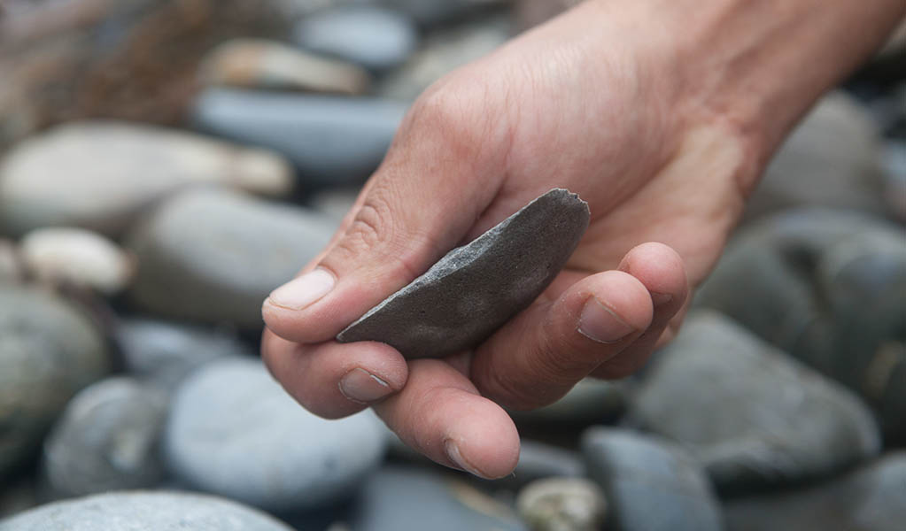 Adult hand holds a stone tool on the Dolphin Dreaming Discovery program, Walgun Cape Byron State Conservation Area. Photo: Lee Middleton/OEH
