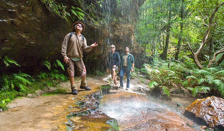 People enjoying waterfall at Grand Canyon track, Blue Mountains National Park. Photo: Paul Cardow