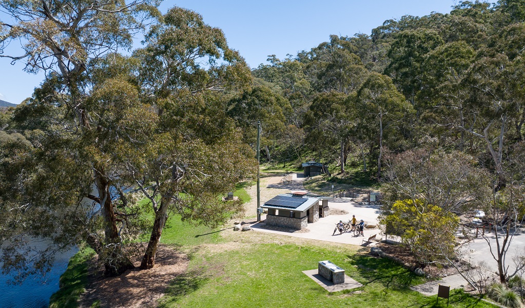 Aerial view of  Thredbo River picnic area, Kosciuszko Natioanl Park. Photo: Boen Ferguson/DPE &copy; DPE 