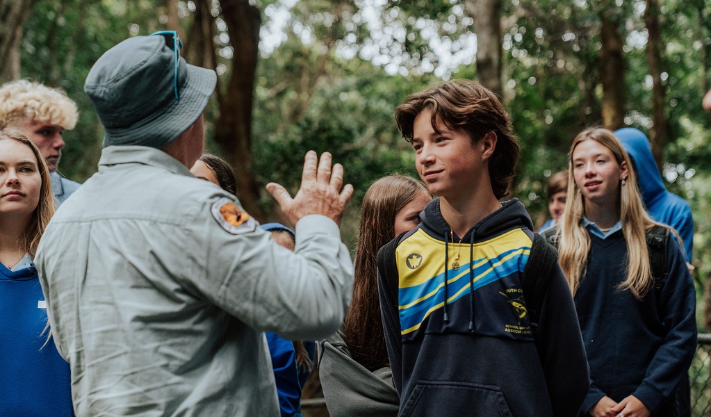 An NPWS guide talks to Stage 4 students in the rainforest, Minnamurra Rainforest, Budderoo National Park. Photo: Remy Brand/DCCEEW &copy; DPE