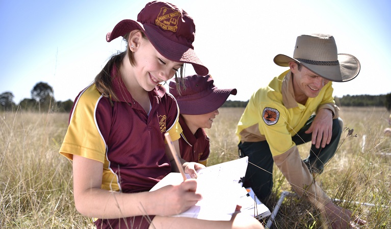 Western Sydney junior students performing quadrat, Bungarribee Park, Western Sydney Parklands, 2020. Photo: Adam Hollingworth: Hired Gun&copy; DPIE