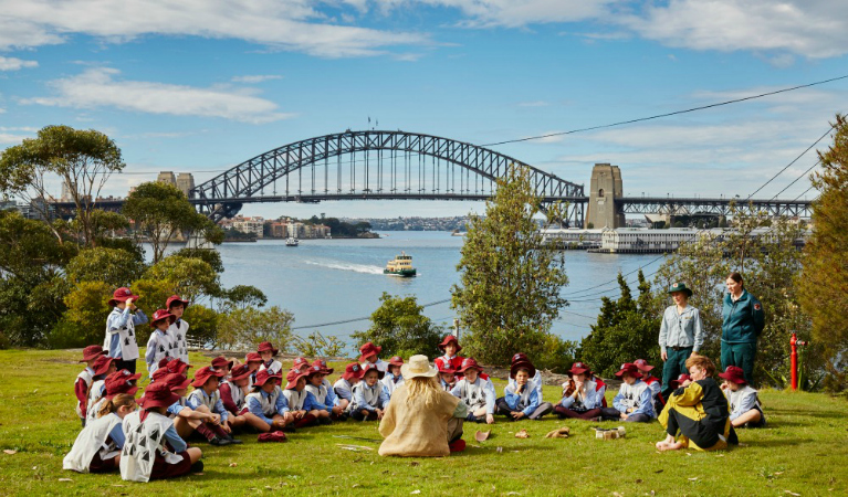 Convict Kids Goat Island school excursion set against a backdrop of the Sydney Harbour Bridge. Photo: Tanja Bruckner