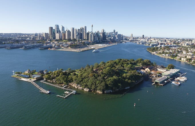 Aerial view of Goat Island, Sydney Harbour National Park. Known as Me-mel by the local Cadigal people, Goat Island was once inhabited by Bennelong and Barangaroo. Photo: David Finnegan &copy; DPIE