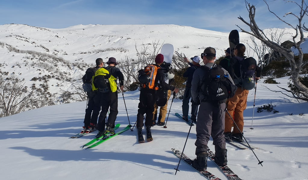 Group of skiers and snowboarders on an Alpine Access Australia backcountry tour. Photo: Pieta Herring &copy; Alpine Access Australia