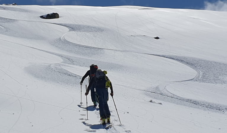 Two skiers waling uphill on snow-covered terrain.