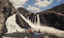 2 kayakers paddling in rapids on Snowy River in Kosciuszko National Park. Photo: Vera Hong