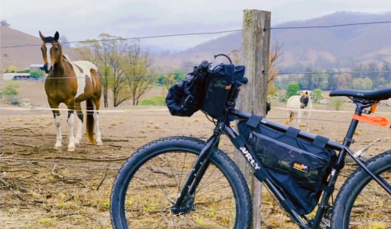 Mountain bike resting on a fence post with a horse and hilly farmland in the background. Photo &copy; Alex Cudlin