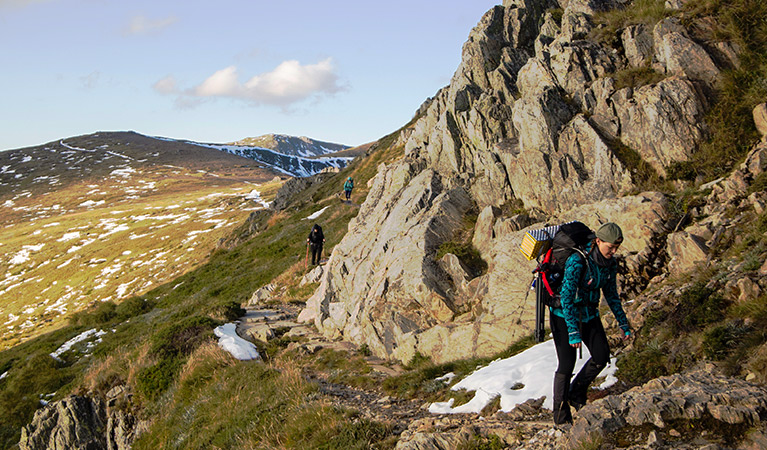 A group of hikers treks along a mountain path among rock crags, snow patches and open alpine heathland. Photo © Rachel Dimond