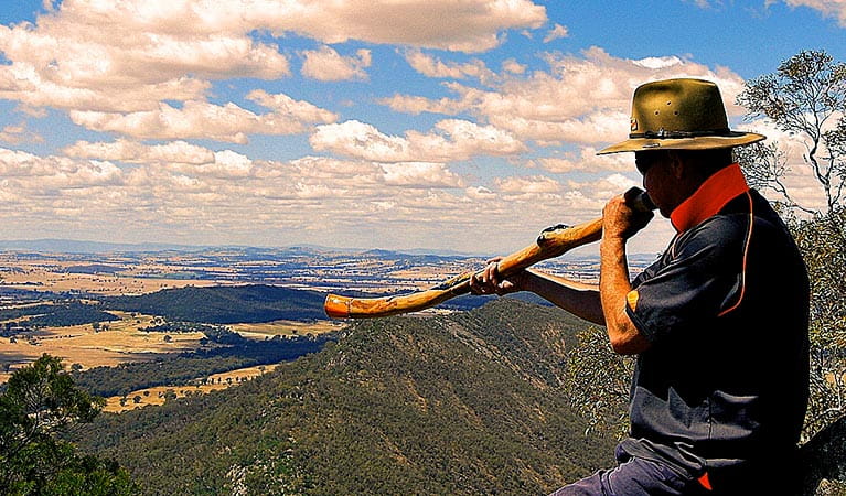 A man plays a  didgeridoo in front of a sweeping vista of forest-clad hills and distant plains. Photo credit: Mark Saddler &copy; Bundyi Cultural Tours 