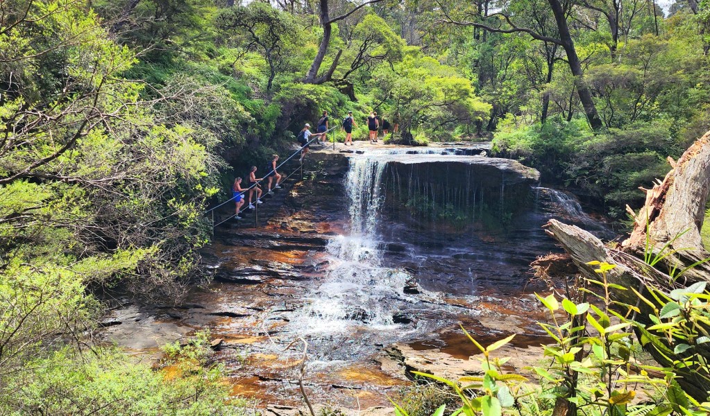A group of people walking up steps overlooking a waterfall on a tour with Coast Warriors in Blue Mountains National Park. Photo: Coast Warriors &copy; Coast Warriors