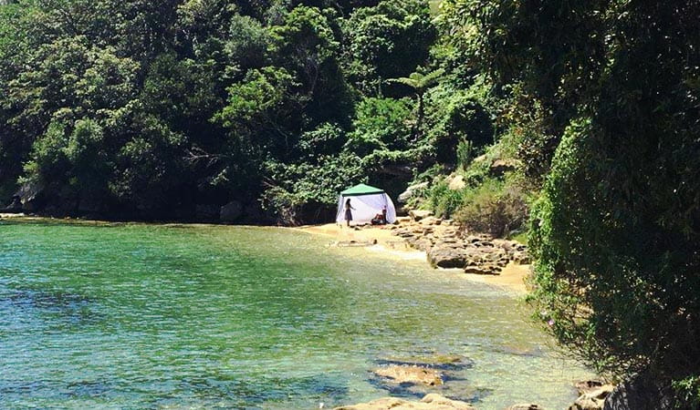 View of 2 people beneath a tent canopy at a secluded bay in Sydney Harbour. Photo &copy; Exclusive East Tours 