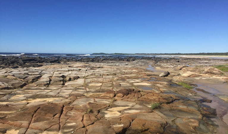 A tan coloured rocky outcrop with the ocean in the distance. Photo: Stephen Wesener &copy; Illuka Nature and Soul