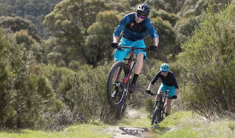 Two mountain-bikers charge up a hill in Kosciuszko National Park. Photo: Adam McGrath