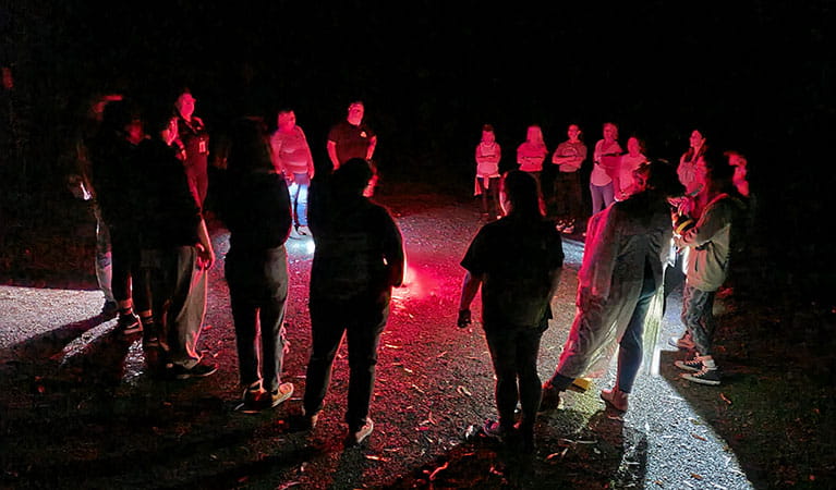 A group of people in a circle, lit by torchlight on a ghost hunt with Newcastle Ghost Tours. Photo: Renata Daniel &copy; Newcastle Ghost Tours