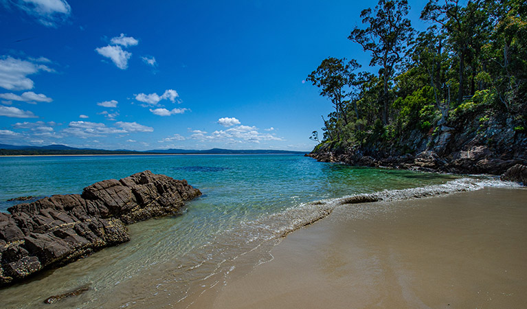 Pristine sandy beach with small rocky reef and tree-covered coastline against an clear sky. Photo credit: Phill Small © Phill Small Photography