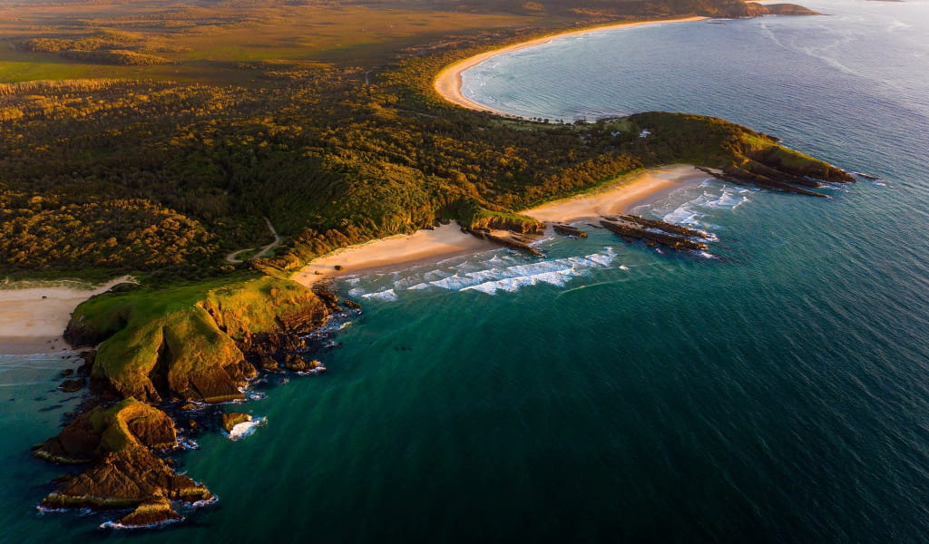 Aerial view of coast Limeburner's Creek National Park. Photo &copy; Positive Energy Adventures and Retreats.