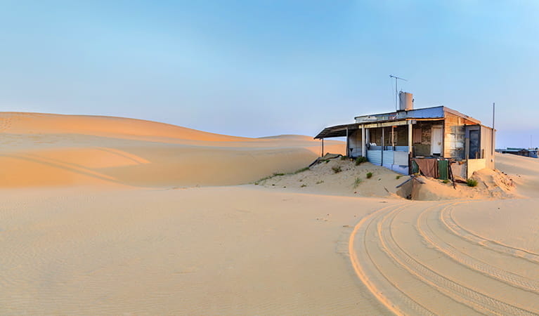 A Tin City shack set in the pristine landscape of Stockton sand dunes, in the Worimi Conservation Lands near Port Stephens. Photo &copy; Andrea Drury