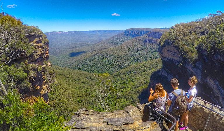 A group of tour guests at a lookout with sweeping views of mountains and valleys. Photo &copy; Stray Australia