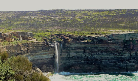 A waterfall cascades over a steep sea cliff into the ocean in the Royal National Park. Photo credit: Greg Sommers &copy; Sydney Nimble Tours 