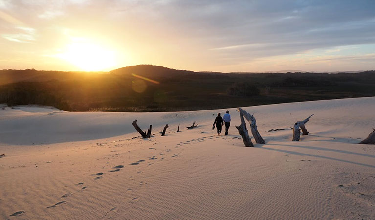 2 people walking over the sand dunes at Samurai Beach at sunset. Photo: Amy Robinson © Tomaree Coastal Adventures
