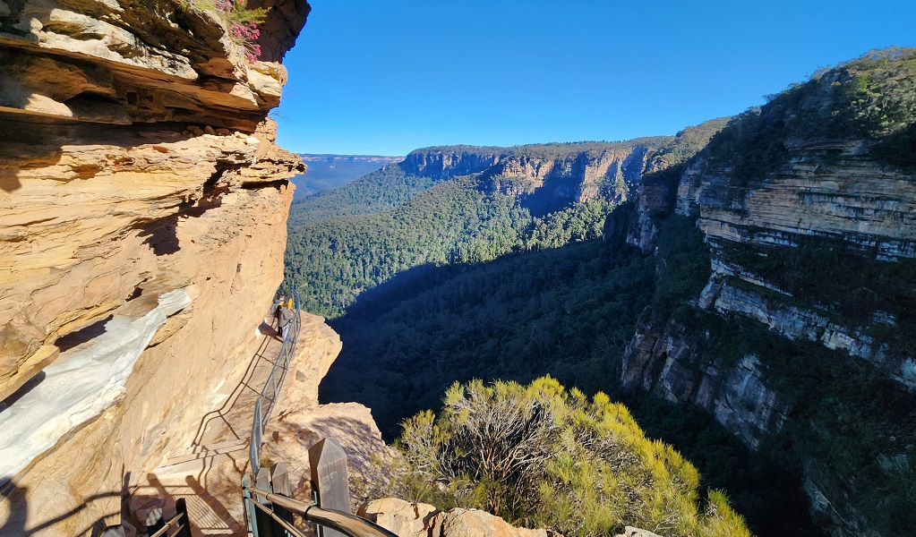 A Wolfgang and Hedi tour group takes in views of the valley from a scenic track in Blue Mountains National Park. Photo: Wolfgang Wittmann &copy; Wolfgang and Heidi