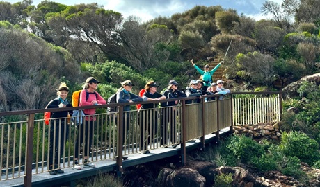 A group of women in hiking gear standing on a bridge in Tomaree Nation Park. Photo: Sharon Mackay &copy; Women Embrace Adventure