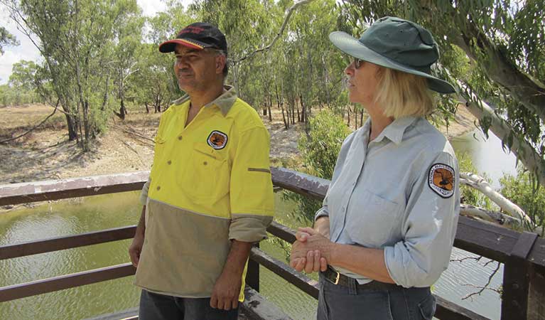 Aboriginal Discovery Coordinators at the reconstructed Bourke Wharf on banks of Darling River. Photo: P Nicholas/OEH