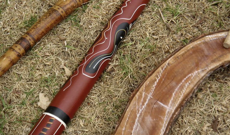 Aboriginal tool, didgeridoo and boomerang. Photo: Cherie Shanks/OEH