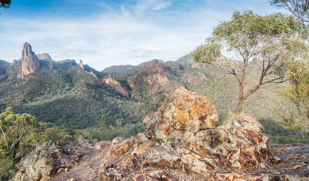 View of mountains and rock formations from Spirey View Trail in Warrumbungle National Park. Photo: Simone Cottrell/RBG &copy; Royal Botanic Gardens