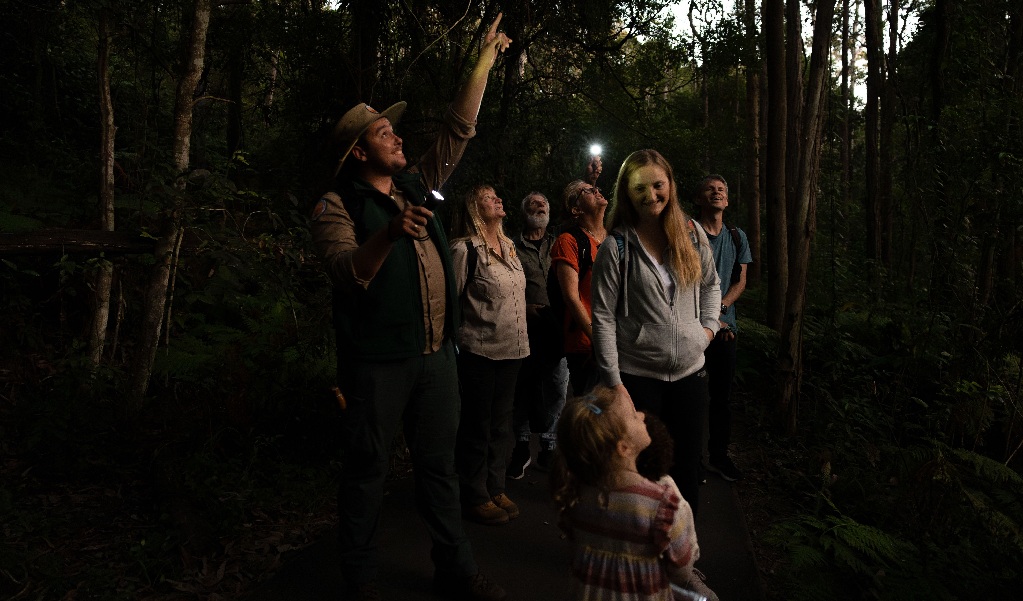 NSW National Parks ranger and families looking for wildlife after dark in Glenrock State Conservation Area on a twilight tour. Credit and &copy; Zain Kruyer 