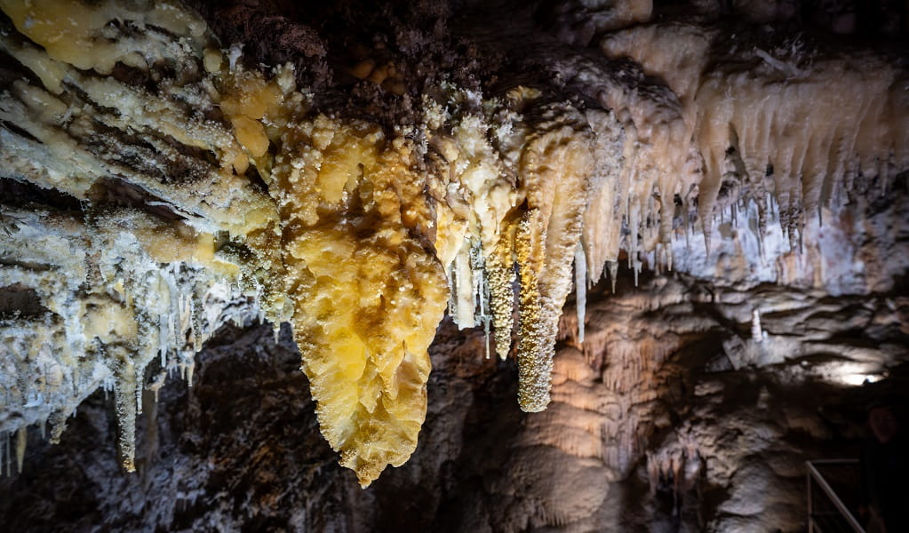 Colourful crystal formations inside Jenolan Caves. Photo: Jenolan Caves &copy; DPE