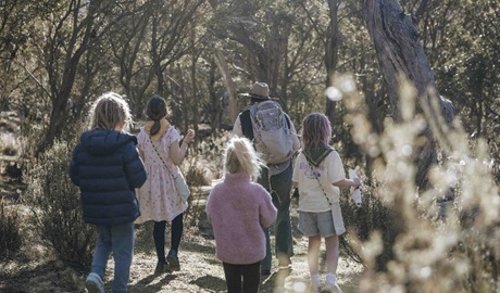 Kids and a national park ranger walking in the bush on a junior ranger guided tour in Thredbo Valley, Kosciuszko National Park. Credit: Tourism Snowy Mountains - Breanna A Photography &copy; DCCEEW